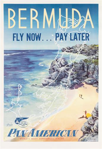 LOWEREE (DATES UNKNOWN). BERMUDA / FLY NOW. . . PAY LATER / VIA PAN AMERICAN. Circa 1950s. 41x28 inches, 106x71 cm.